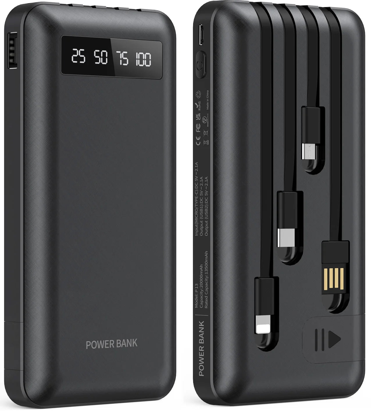 20000Mah Power Bank Portable Charger with Cables, USB Fast Charging for Phone